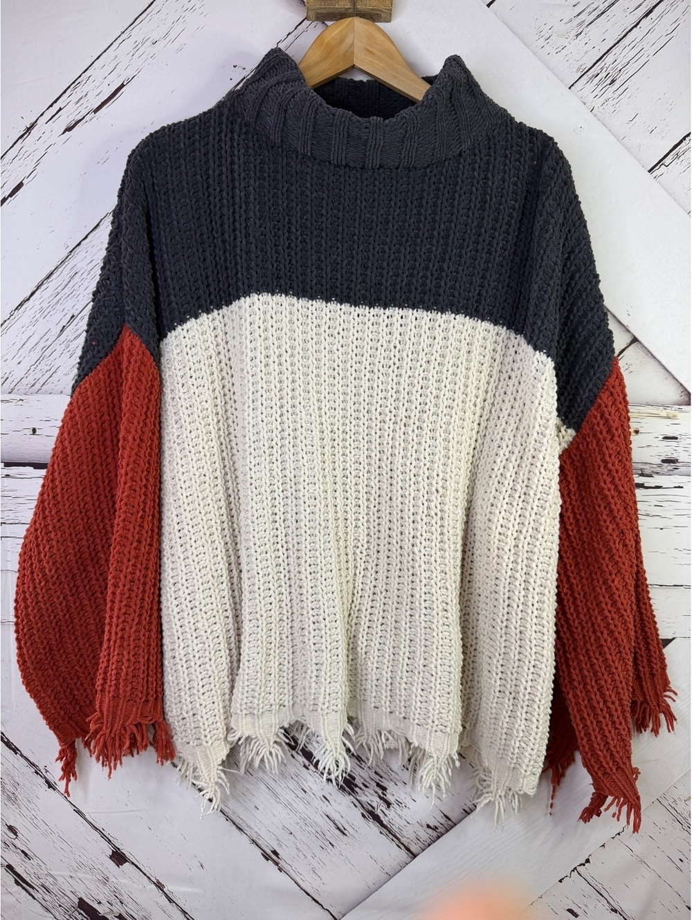POL Clothing Boho Grunge Cottagecore Knit Turtleneck Fringe Sweater Women’s LG